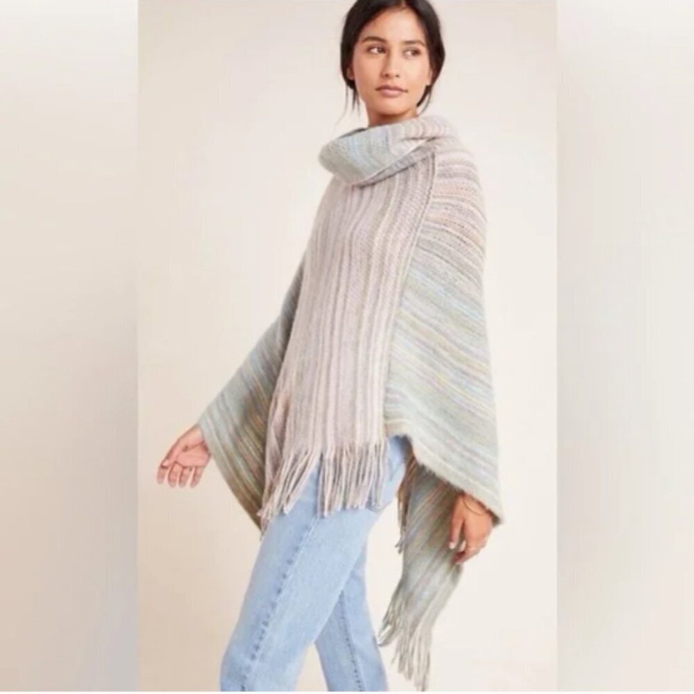 Anthropologie Saturday Sunday Vera Poncho Cowl Neck Fringe Pastel Rainbow
